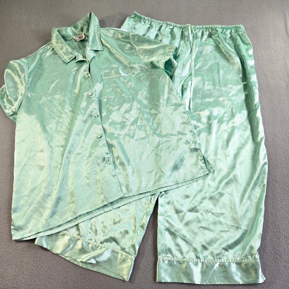 Cinema Etoile Pajama Set Womens XL Mint Green Pinstripe Satin Short Sleeve 2pc